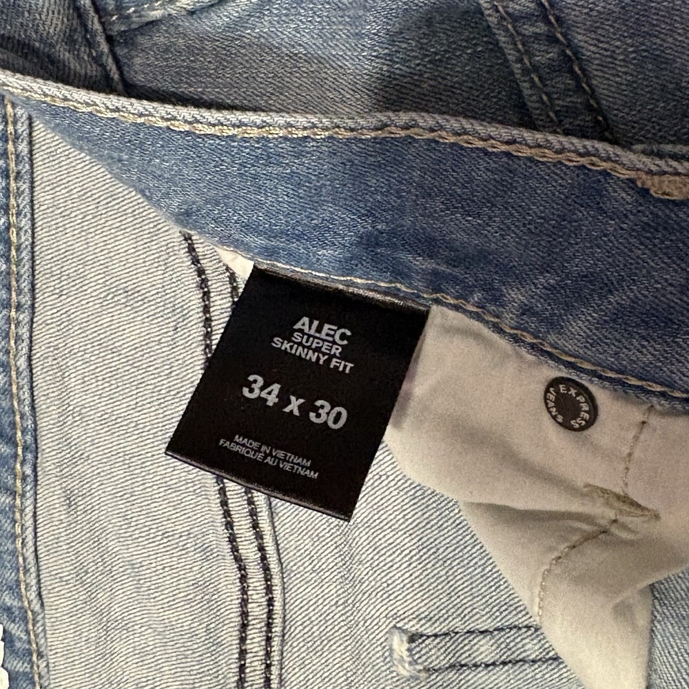 Express Alec Super Skinny Jeans Mens 34x30 Moto Biker Stretch Light Wash Denim - Picture 7 of 13